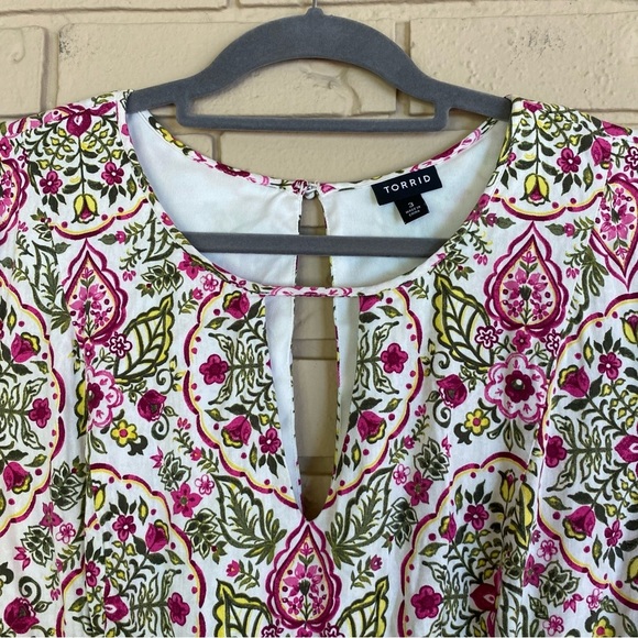 Torrid Ivory Floral Print Challis Ruffled 3/4 Sleeve Skater Dress Size 3 Boho - Picture 7 of 13